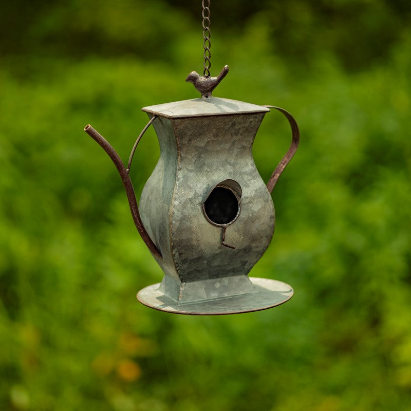 Set of 6 Assorted Style Galvanized Teapot Birdhouse-Feeders