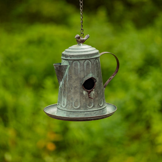 Set of 6 Assorted Style Galvanized Teapot Birdhouse-Feeders