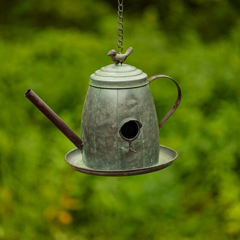 Set of 6 Assorted Style Galvanized Teapot Birdhouse-Feeders