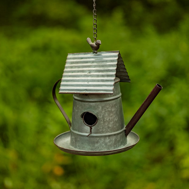 Set of 6 Assorted Style Galvanized Teapot Birdhouse-Feeders
