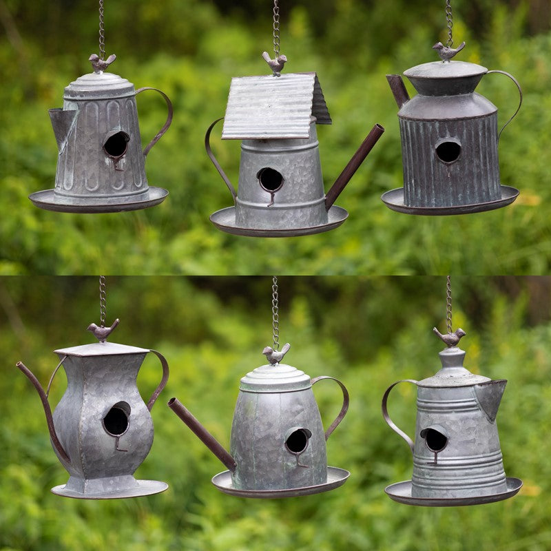 Set of 6 Assorted Style Galvanized Teapot Birdhouse-Feeders