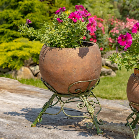 Set/2 Assorted Ceramic Globe Planters w/Metal Tripod Stands in Rust