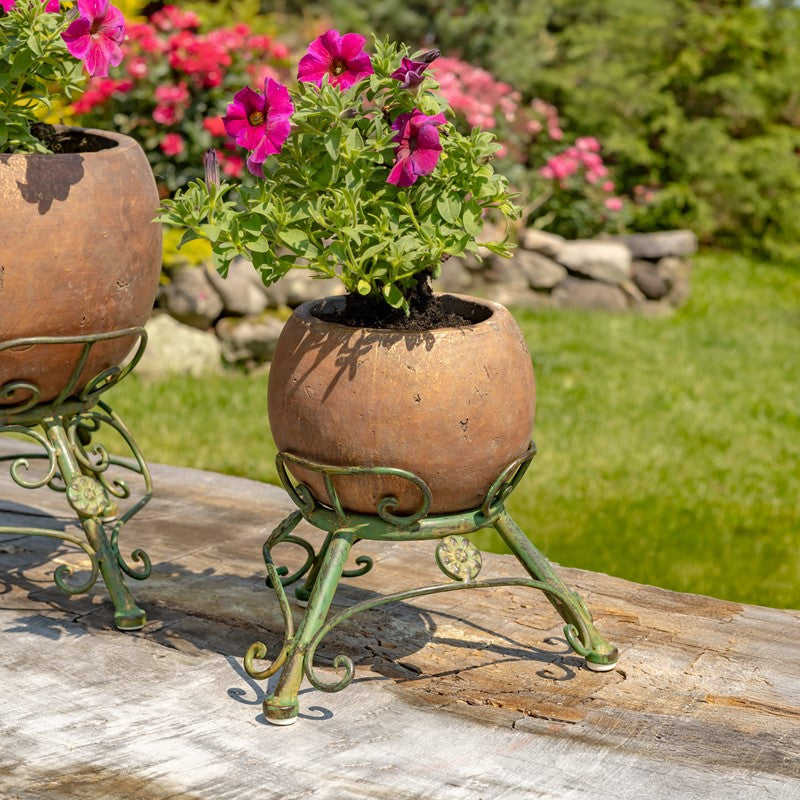 Set/2 Assorted Ceramic Globe Planters w/Metal Tripod Stands in Rust