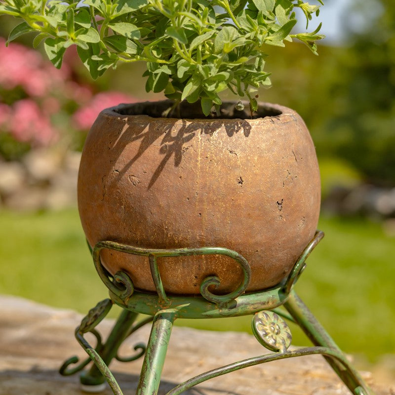Set/2 Assorted Ceramic Globe Planters w/Metal Tripod Stands in Rust