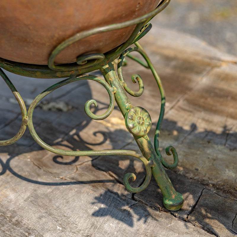 Set/2 Assorted Ceramic Globe Planters w/Metal Tripod Stands in Rust