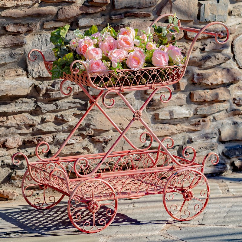 Two Tier Iron Flower Push Cart in Flamingo Pink "Odesa 1794"
