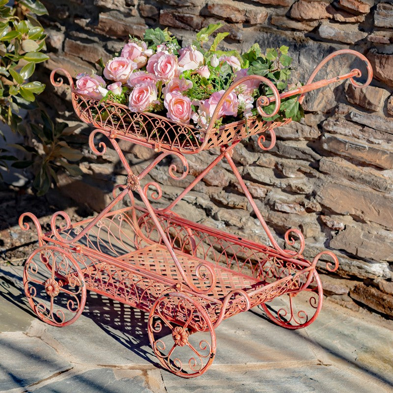 Two Tier Iron Flower Push Cart in Flamingo Pink "Odesa 1794"